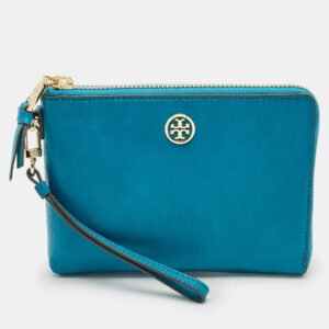Tory Burch Teal Green Leather Zip Wristlet Clutch