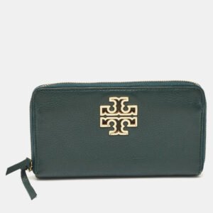 Tory Burch Dark Green Leather Britten Zip Around Wallet