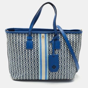 Tory Burch Blue Gemini Link Canvas and Leather Small Top Zip Tote