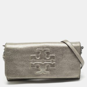 Tory Burch Metallic Grey Leather Logo Embossed Flap Clutch Bag