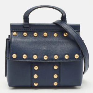 Tory Burch Navy Blue Leather Mini Block-T Studded Top Handle Bag
