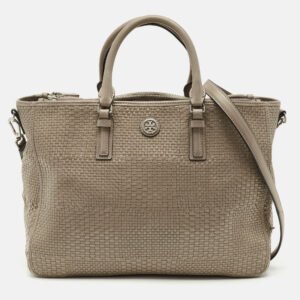Tory Burch Grey Woven Patent and Leather Robinson Double Zip Tote
