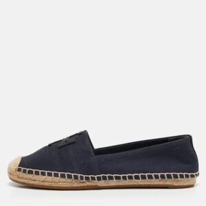 Tory Burch Navy Blue Canvas And Leather Espadrilles Flats Size 37.5