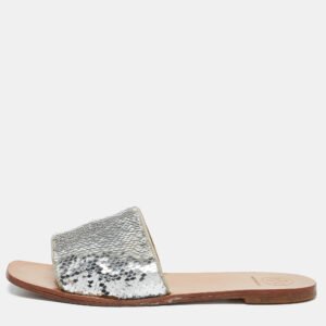 Tory Burch Silver Sequins Carter Flat Slides Size 38.5