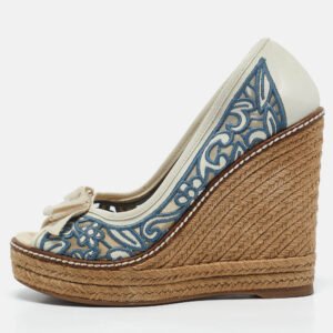 Tory Burch Blue/White Leather and Lace Jackie Wedge Pumps Size 35.5