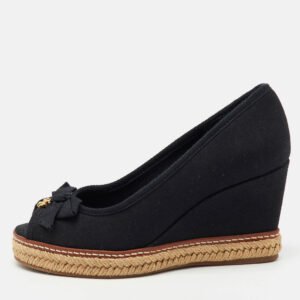 tory burch black canvas jackie wedge platform espadrille peep toe pumps size 36