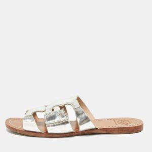 Tory Burch Silver Leather Flat Sandals Size 37