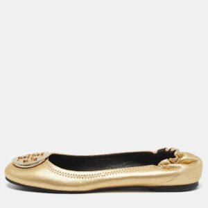 Tory Burch Gold Leather Reva Scrunch Ballet Flats Size 37
