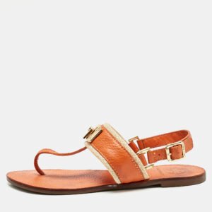Tory Burch Orange Leather T-Strap Flat Sandals Size 38