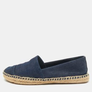 Tory Burch Navy Blue Denim Slip On Espadrille Flats Size 38.5
