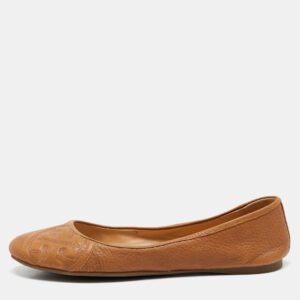 Tory Burch Tan Leather Logo Embossed Ballet Flats Size 38.5