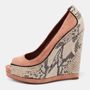 Tory Burch Beige Suede And Python Embossed Leather Sandra Wedge Platform Pumps Size 35