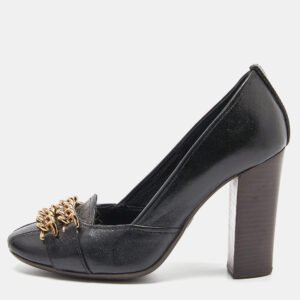 Tory Burch Black Leather Hana Metal Chain Block Heel Pumps Size 38.5