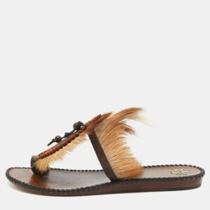 Tory Burch Brown/White Leather and Fur Phoenix Slides Size 39.5