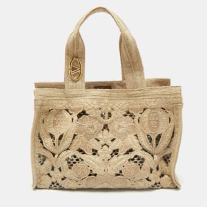 Valentino Beige Canvas and Raffia Medium Resort Flower Tote