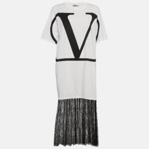 Valentino White Logo Print Cotton Knit and Lace Flared Midi Dress M