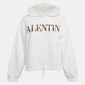 Valentino White Logo Sequin Embellished Cotton Knit Hoodie M