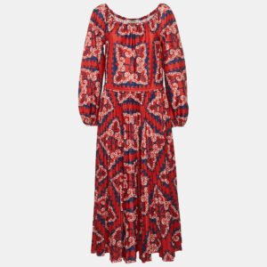 Valentino Red Printed Jersey Pleated Off-Shoulder Maxi Dress M