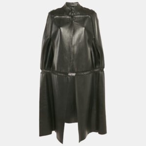 Valentino Black Crochet Trim Leather Cape Coat M