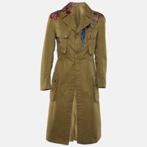 valentino khaki brown applique detail zip-up coat m