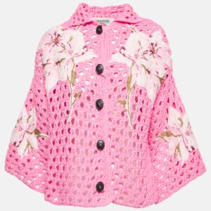 Valentino Pink Floral Embroidered Crochet Short Sleeve Cardigan S