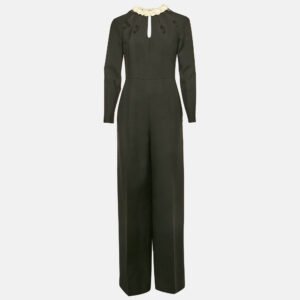 Valentino Black Wool Blend Leather Applique Detail Jumpsuit M