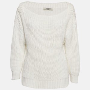 Valentino White Crochet Cotton Knit Long Sleeve Sweater S