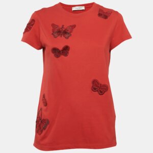 Valentino Red Cotton Butterfly Appliqued T-Shirt S