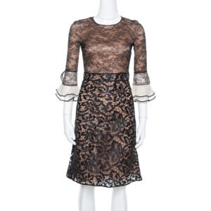 Valentino Black Lace Overlay Flute Sleeve Midi Dress S