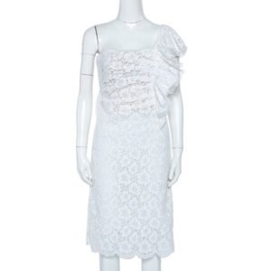Valentino White Lace Ruffle Detail One Shoulder Midi Dress M