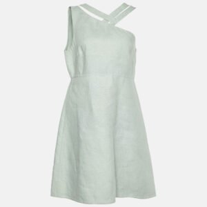 luxury-women-valentino-used-clothes-p976689-006 Valentino Sage Green Linen Asymmetric Neck Mini Dress M