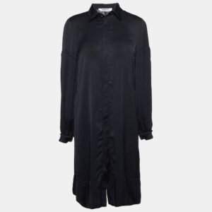 Valentino Black Satin Pleated Sleeve Shirt Dress M