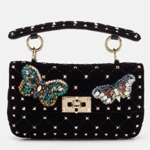 Valentino Black Quilted Velvet Small Butterfly Rockstud Spike Top Handle Bag