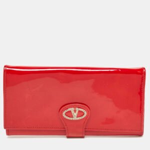 Valentino Red Patent Leather Crystals Catch Flap Continental Wallet