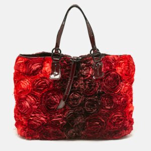 Valentino Red/Burgundy Nylon Large Flower Applique Tote