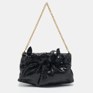 valentino black snakeskin fleur chain clutch
