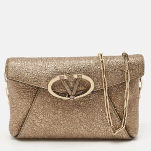 Valentino Gold Crinkled Leather V Rivet Clutch Bag