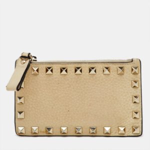 Valentino Cream Leather Rockstud Zip Card Case