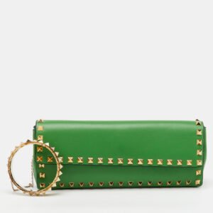 valentino green leather rockstud bracelet clutch