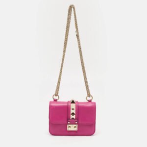 Valentino Fuchsia Leather Mini Rockstud Glam Lock Shoulder Bag