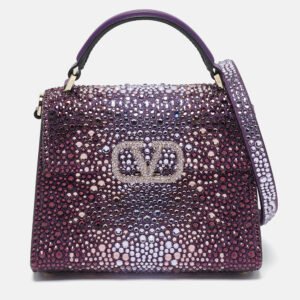 Valentino Purple Suede Crystal Embellished Mini VSling Top Handle Bag