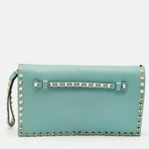 Valentino Light Green Leather Rockstud Flap Wristlet Clutch