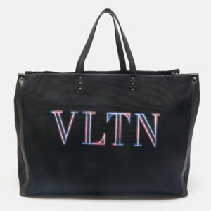 Valentino Dark Blue/Black Canvas and Leather VLTN Weekender Tote