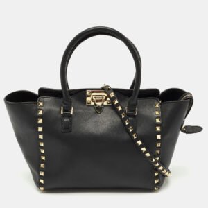 Valentino Black Leather Small Rockstud Trapeze Tote