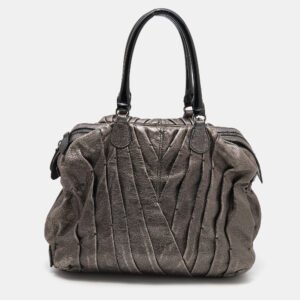 Valentino Metallic Grey Leather Maison Pintucked Shopper Tote