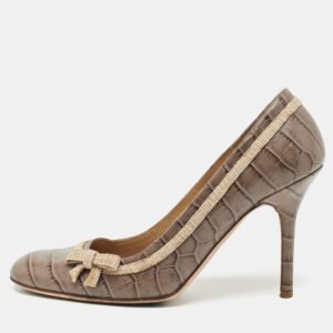 Valentino Brown Croc Embossed Leather Round Toe Pumps Size 37