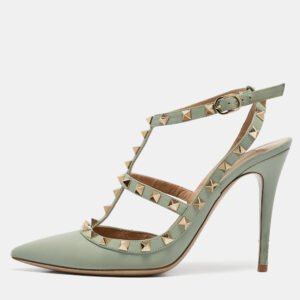 Valentino Mint Green Leather Rockstud Ankle Strap Pumps Size 39