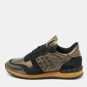 Valentino Metallic/Black Leather and Suede Rockrunner Sneakers Size 37