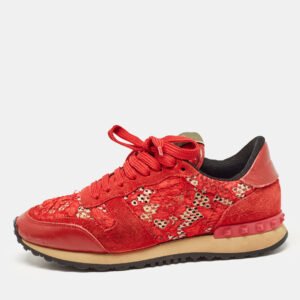 Valentino Red Lace and Suede Rockrunner Lace Up Sneakers Size 37.5
