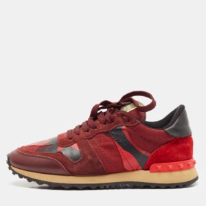 Valentino Red/Burgundy Leather and Suede Rockrunner Sneakers Size 38